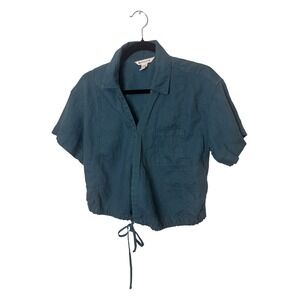Athleta Playa Tie Top Teal 100% Linen Collared Athletic Shirt Size Small